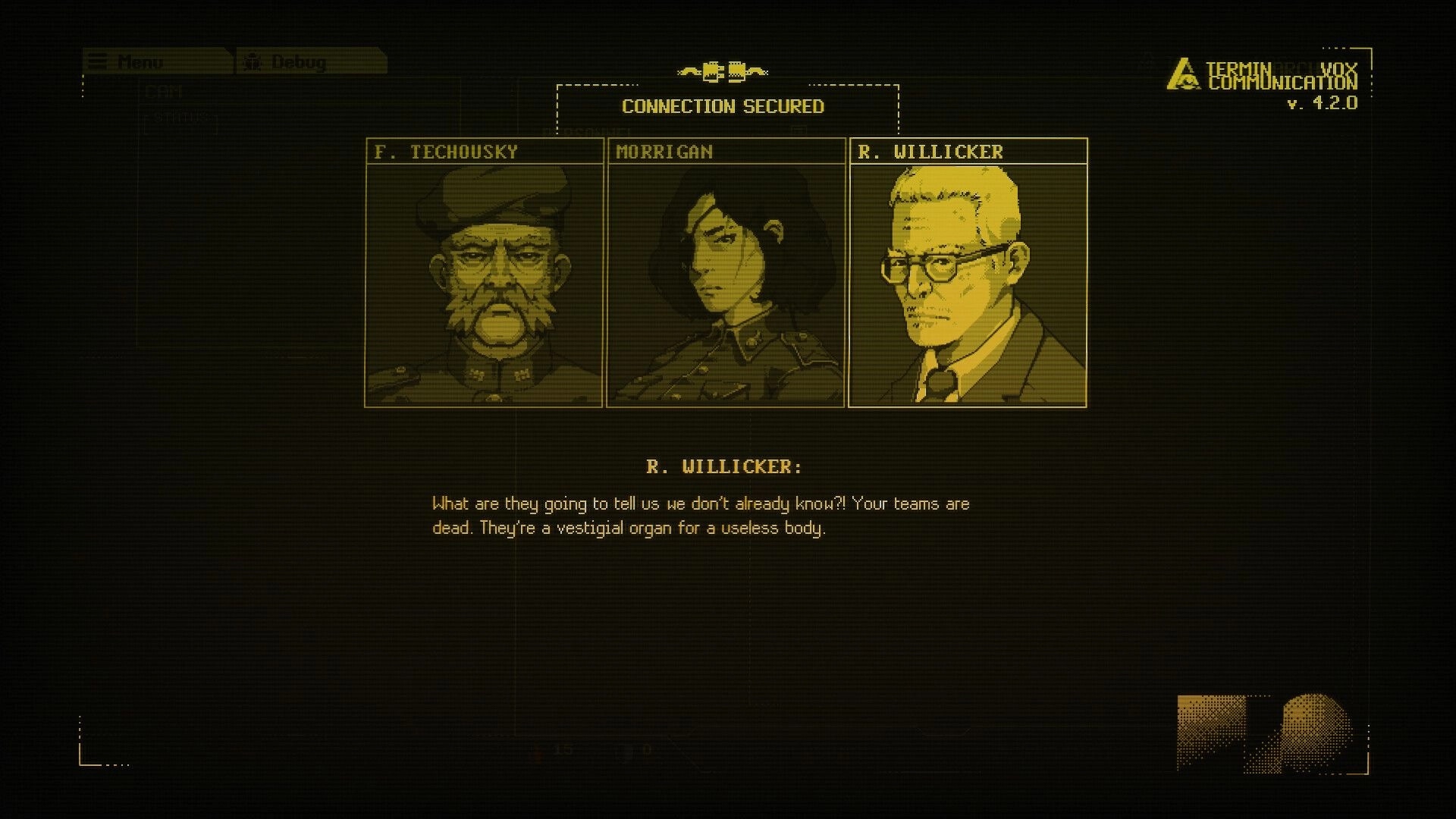 Burn-9: Terminal vox chat shows portraits of Techovsky, Morrigan, and Willicker in secured link.