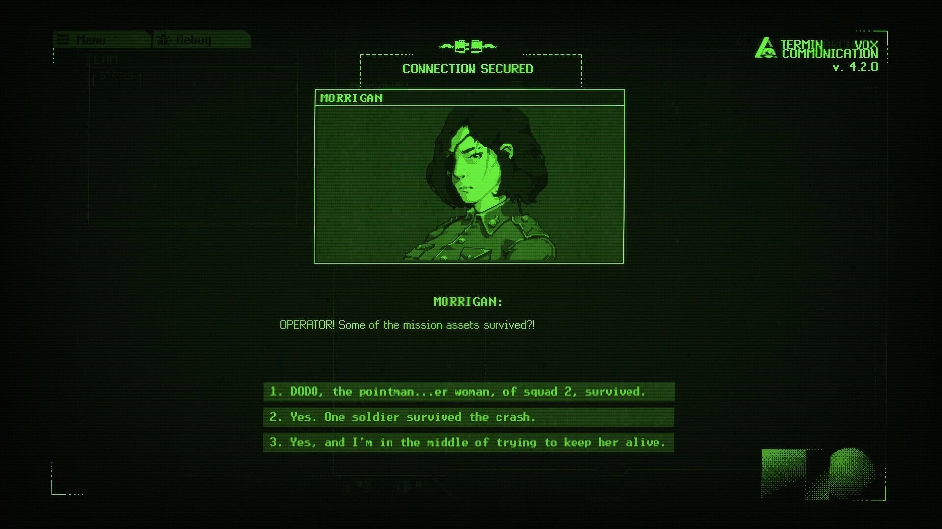 Burn-9: Terminal Vox call with Morrigan portrait and three dialogue choices on green CRT interface.