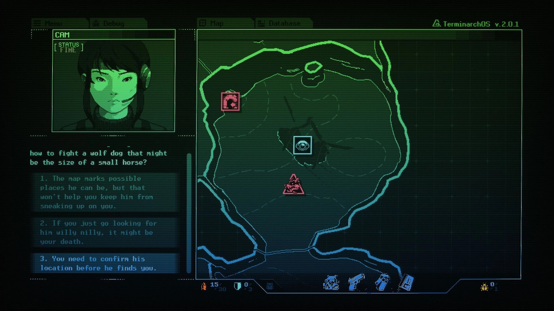 Burn-9: Terminal UI with agent portrait, choice list, and glowing map with alert markers on screen.