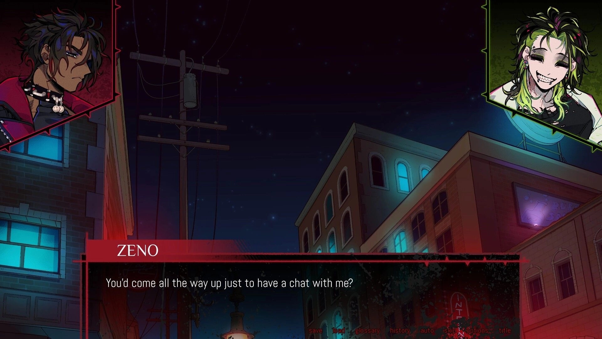 Burn the Midnight Oil: Zeno dialogue box over neon city rooftop at night with two character portraits.