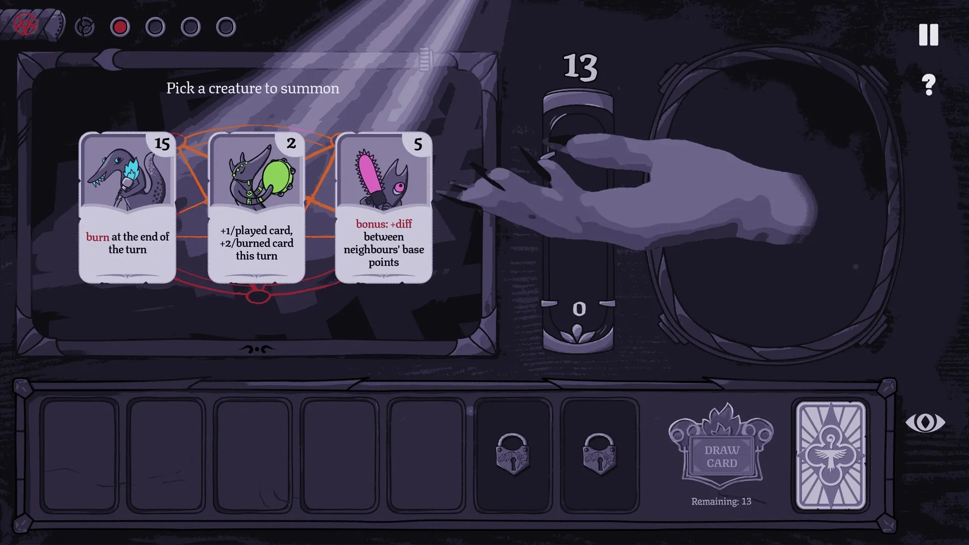 Burn With Me: Hand selects creature card with stats from deck in dark, mystical interface.