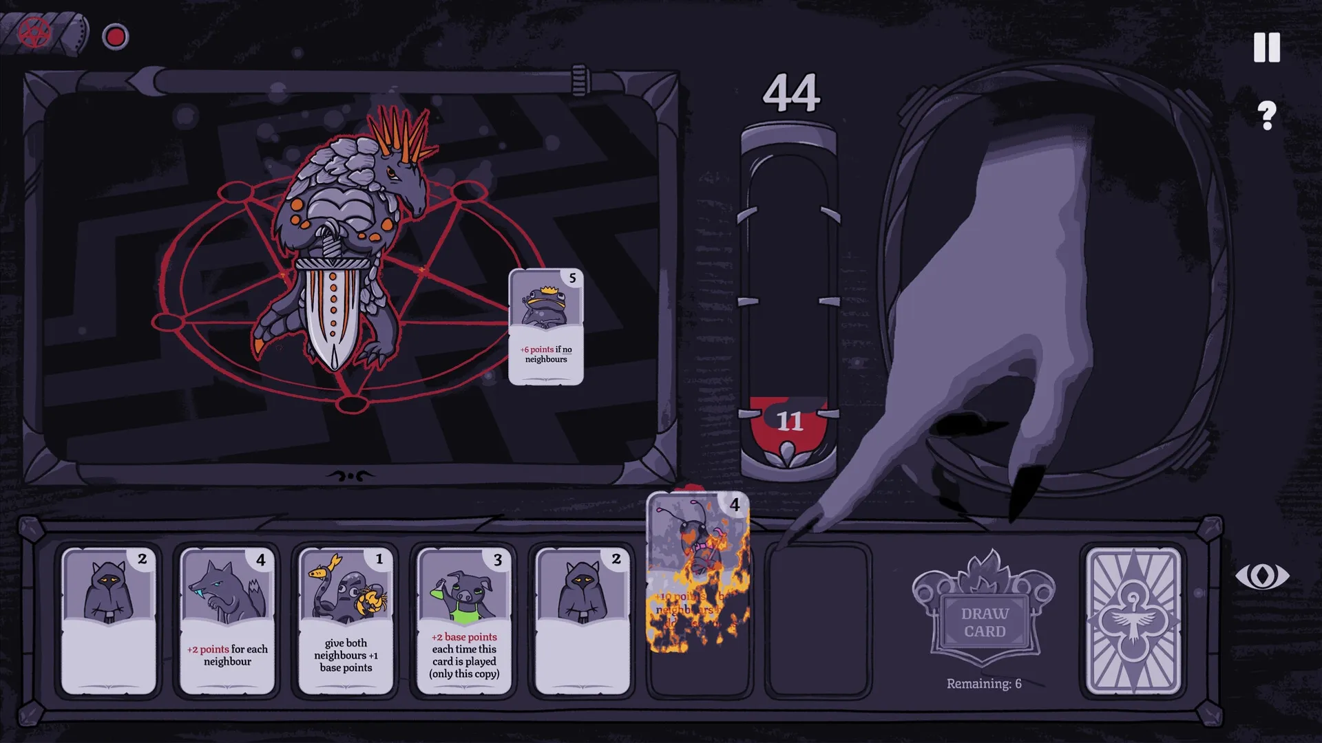 Burn With Me: Player hand selecting flaming card in dark ritual chamber with cards and score meter visible.