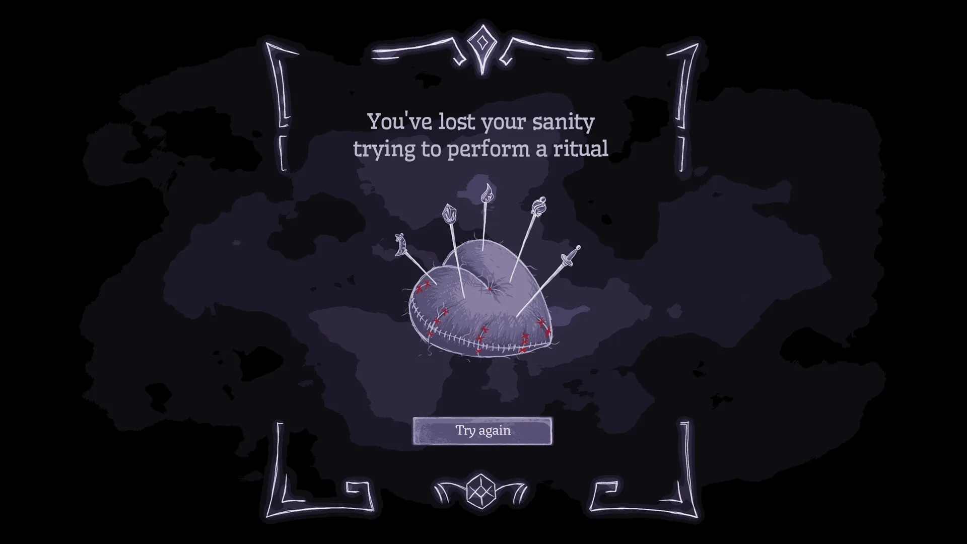 Burn With Me: Voodoo doll pierced with arrows, sanity loss message on dark ritual background