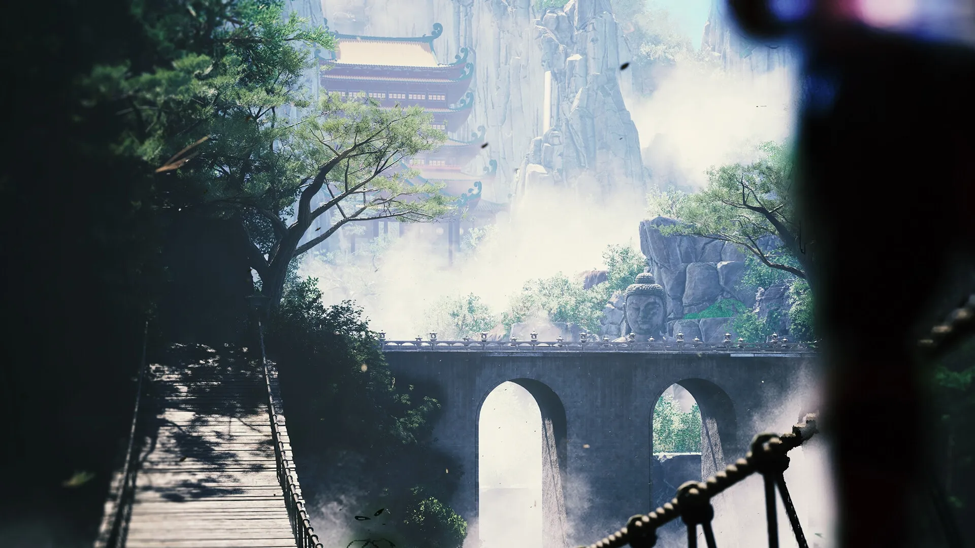 Burning Sword: Scenic mountain temple view with mist and a bridge surrounded by lush greenery