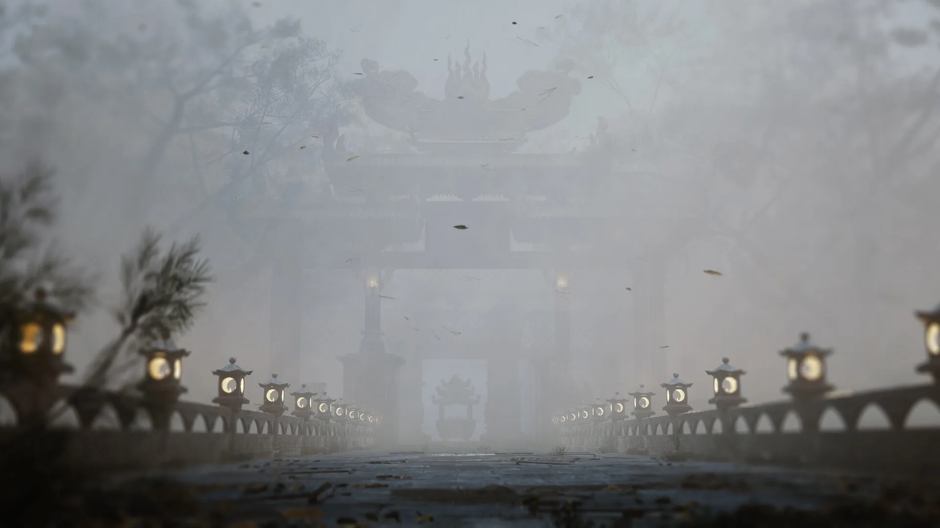 Burning Sword: Foggy shrine entrance with lit lanterns lining a stone pathway through dense mist