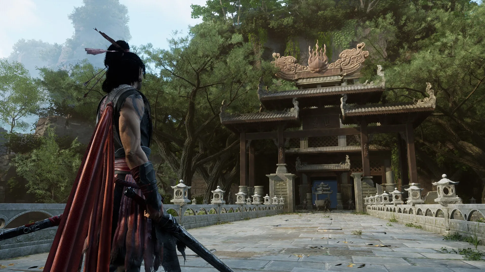 Burning Sword: Zhāng Yì Xiàn approaches an ornate temple entrance surrounded by lush forest.
