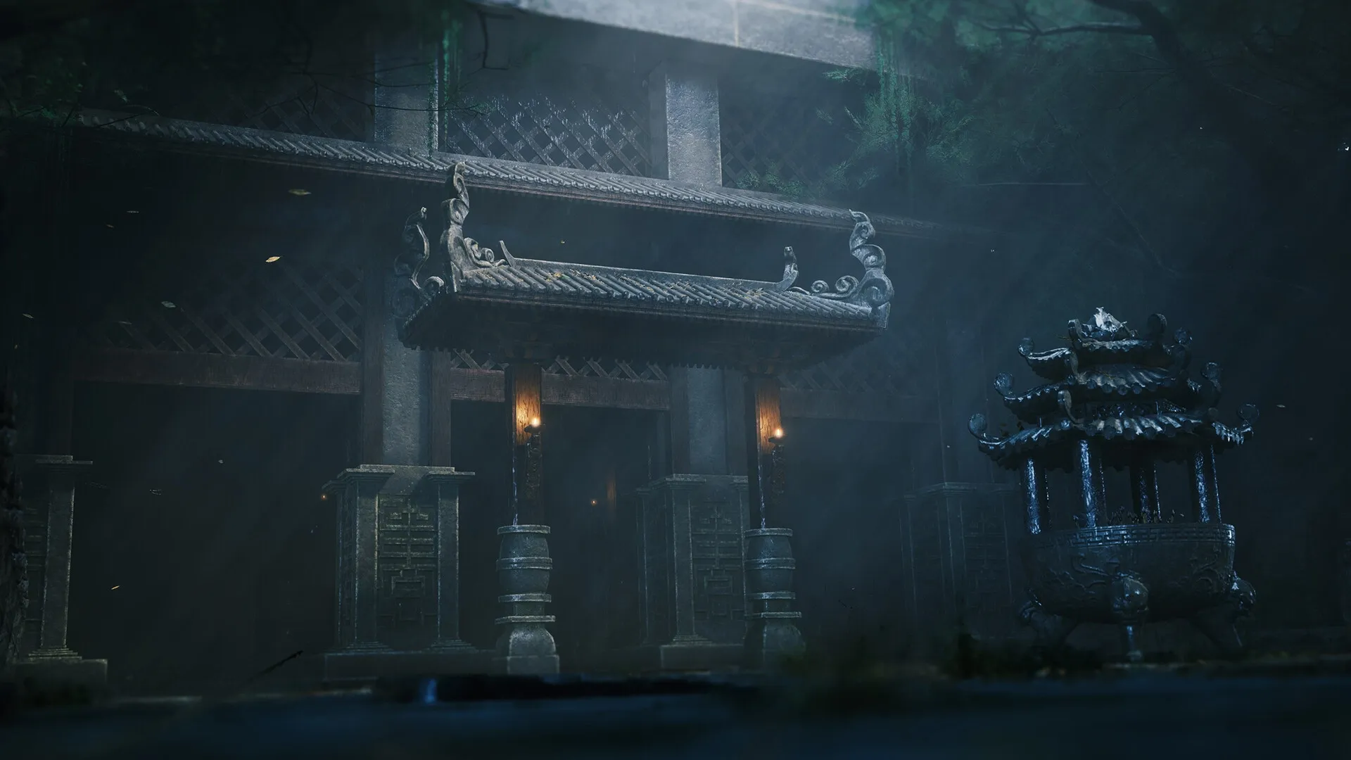 Burning Sword: Ancient temple entrance shrouded in mist, with ornate pillars and large incense burner