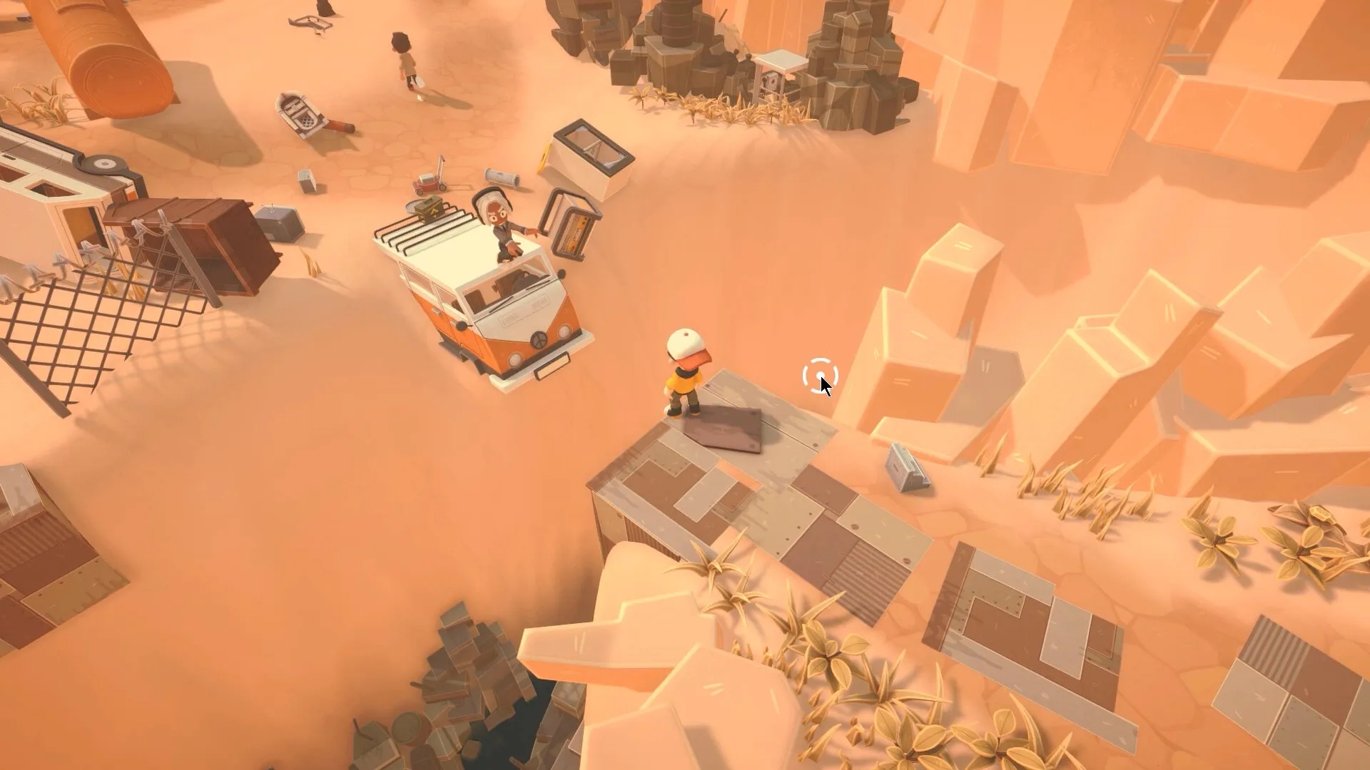 BUS: Character on cliff edge with bus, overlooking desert canyon and scattered debris