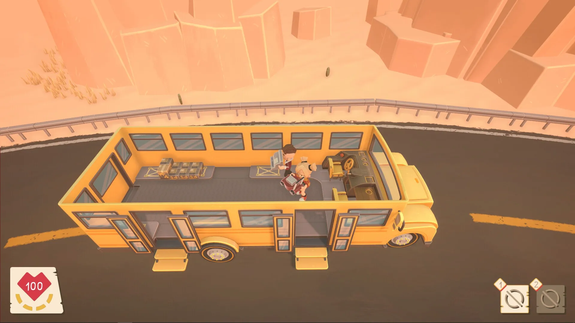 BUS: Two characters inside a yellow bus, one reading a map, on a desert road with UI elements visible.