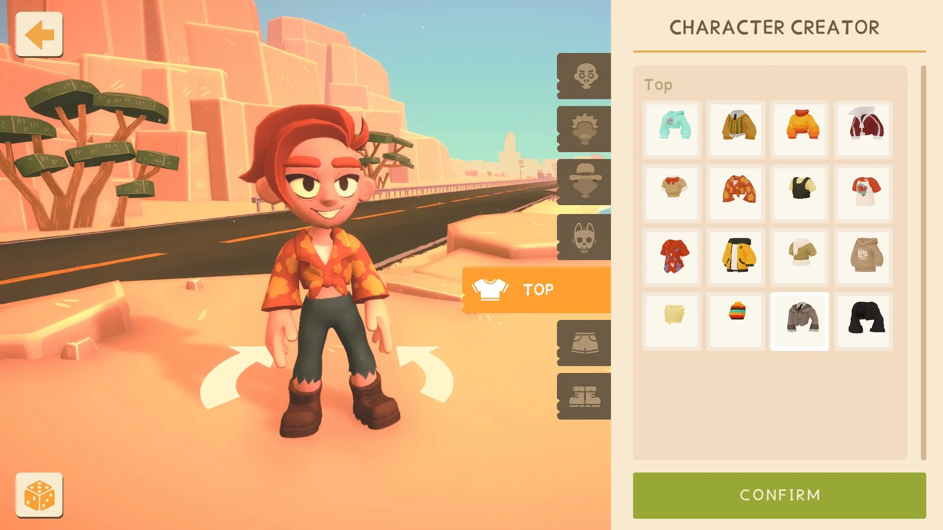 BUS: Character creation screen with outfit options in a desert road setting