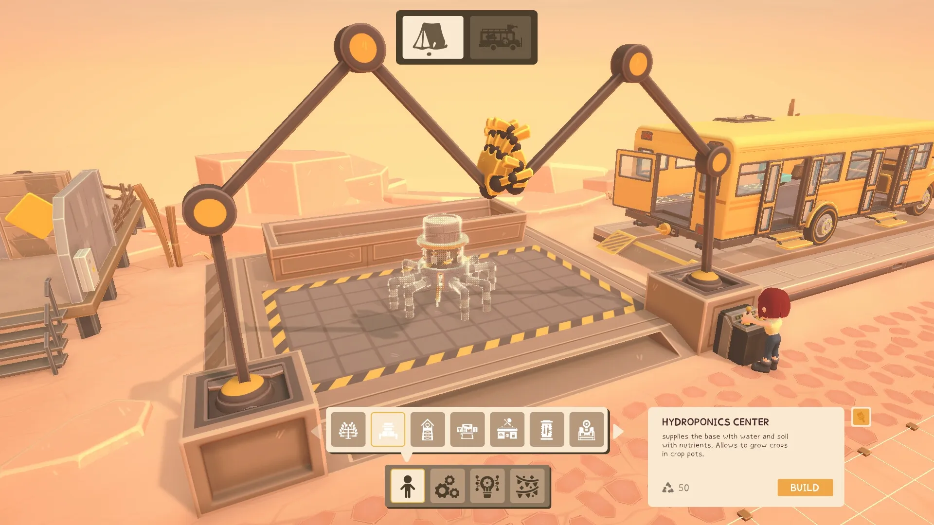 BUS: Player building hydroponics center with construction menu beside a yellow bus in desert setting.
