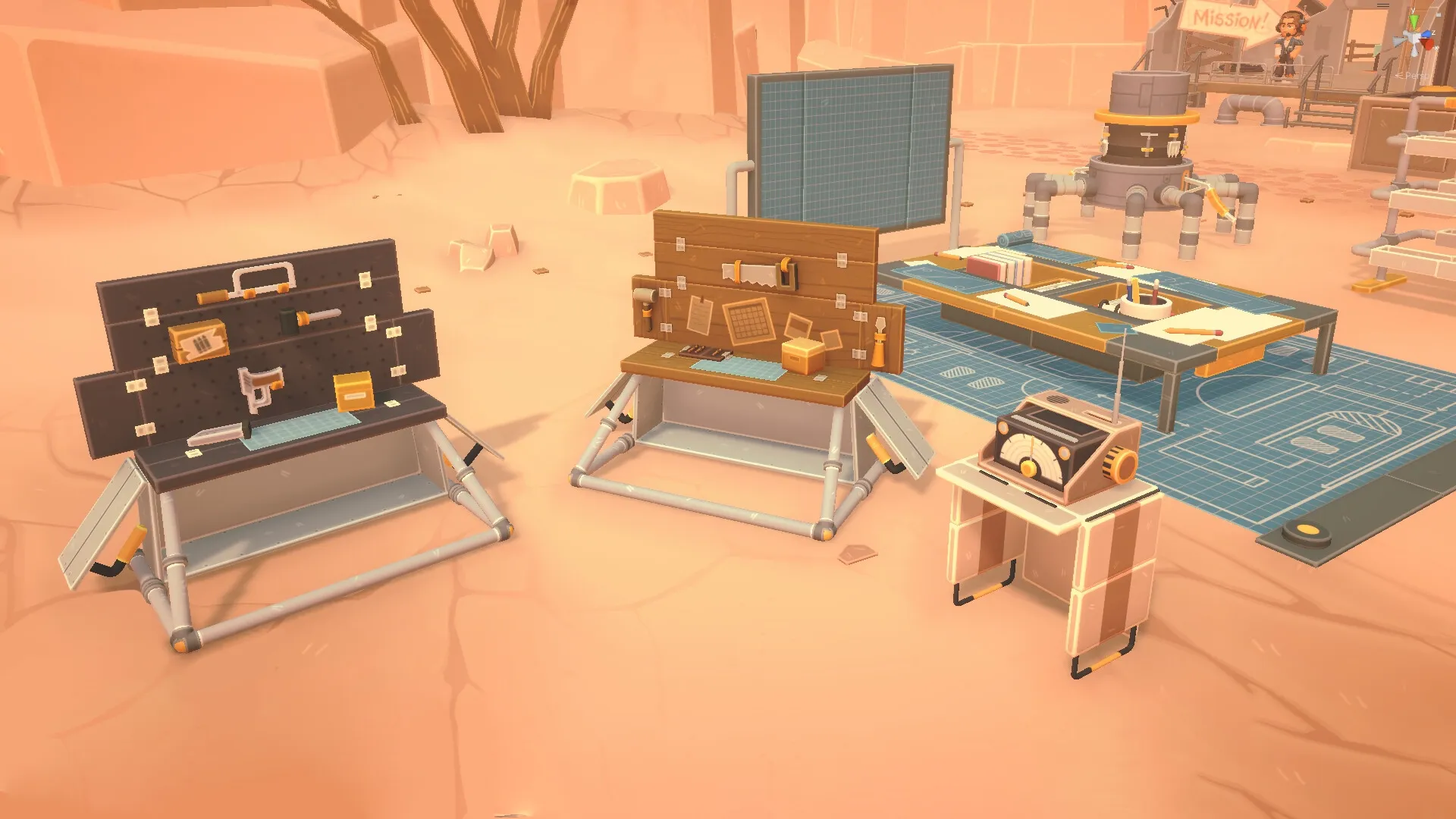 BUS: Crafting workbenches and tools in a desert environment with a mission sign in the background