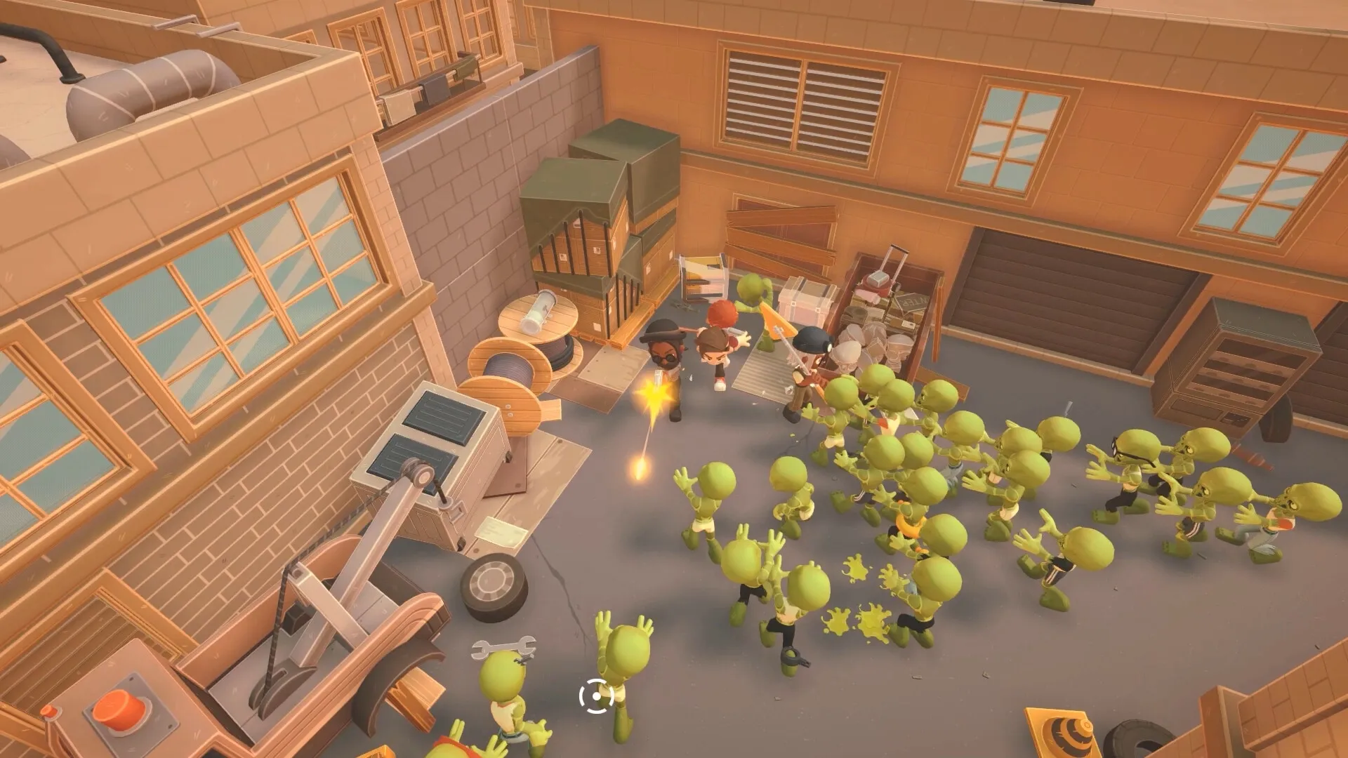 BUS: Three players fighting zombies in a warehouse courtyard with scattered debris and crates