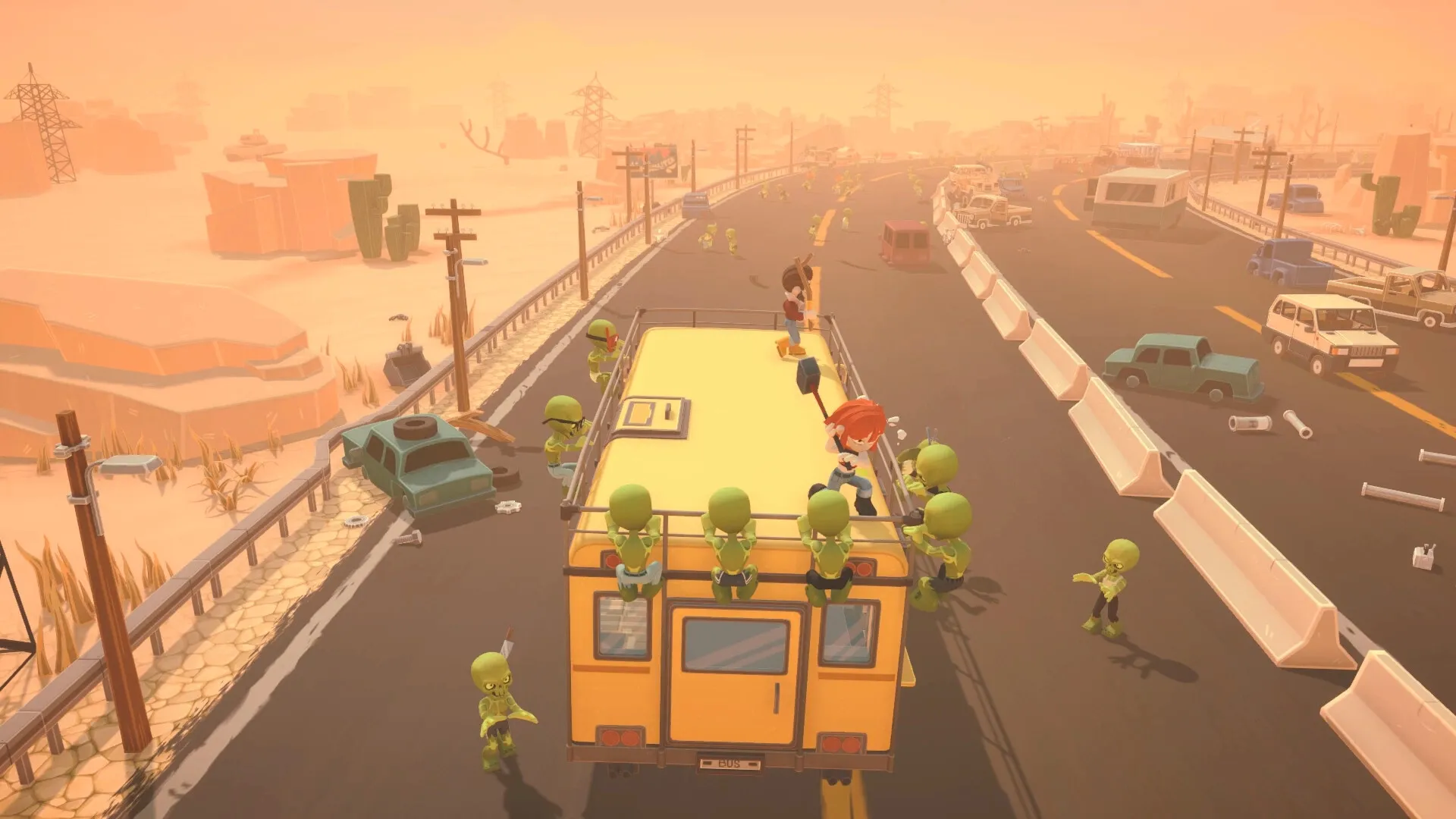 BUS: Characters fend off zombies atop a bus on a deserted highway with scattered wrecked cars