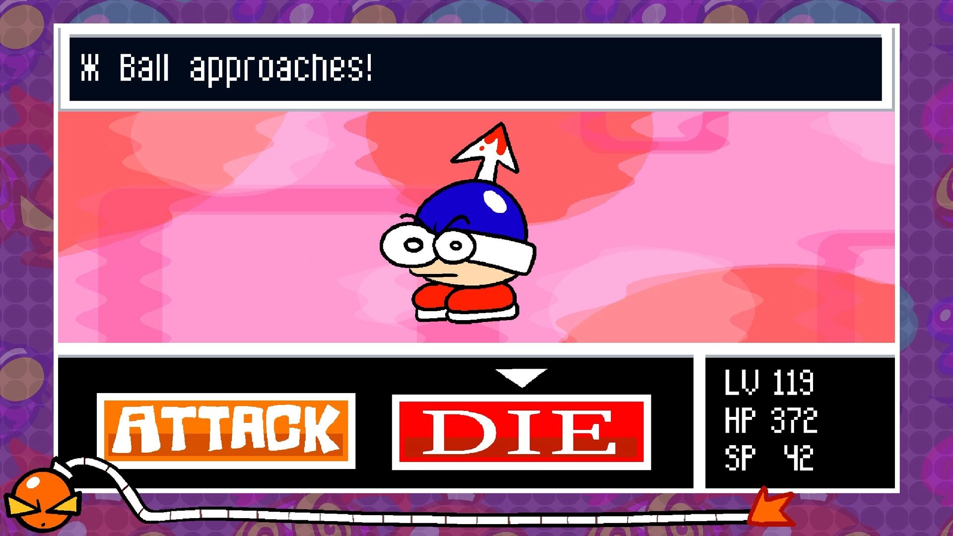 Buster Jam: X Ball approaches in a pink arena with attack and die options visible on the interface.
