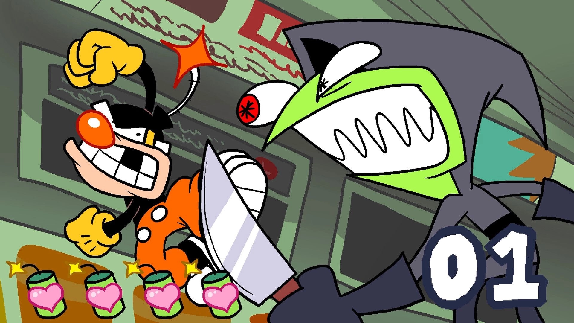 Buster Jam: Intense cartoon battle with a knife-wielding character and health icons on screen