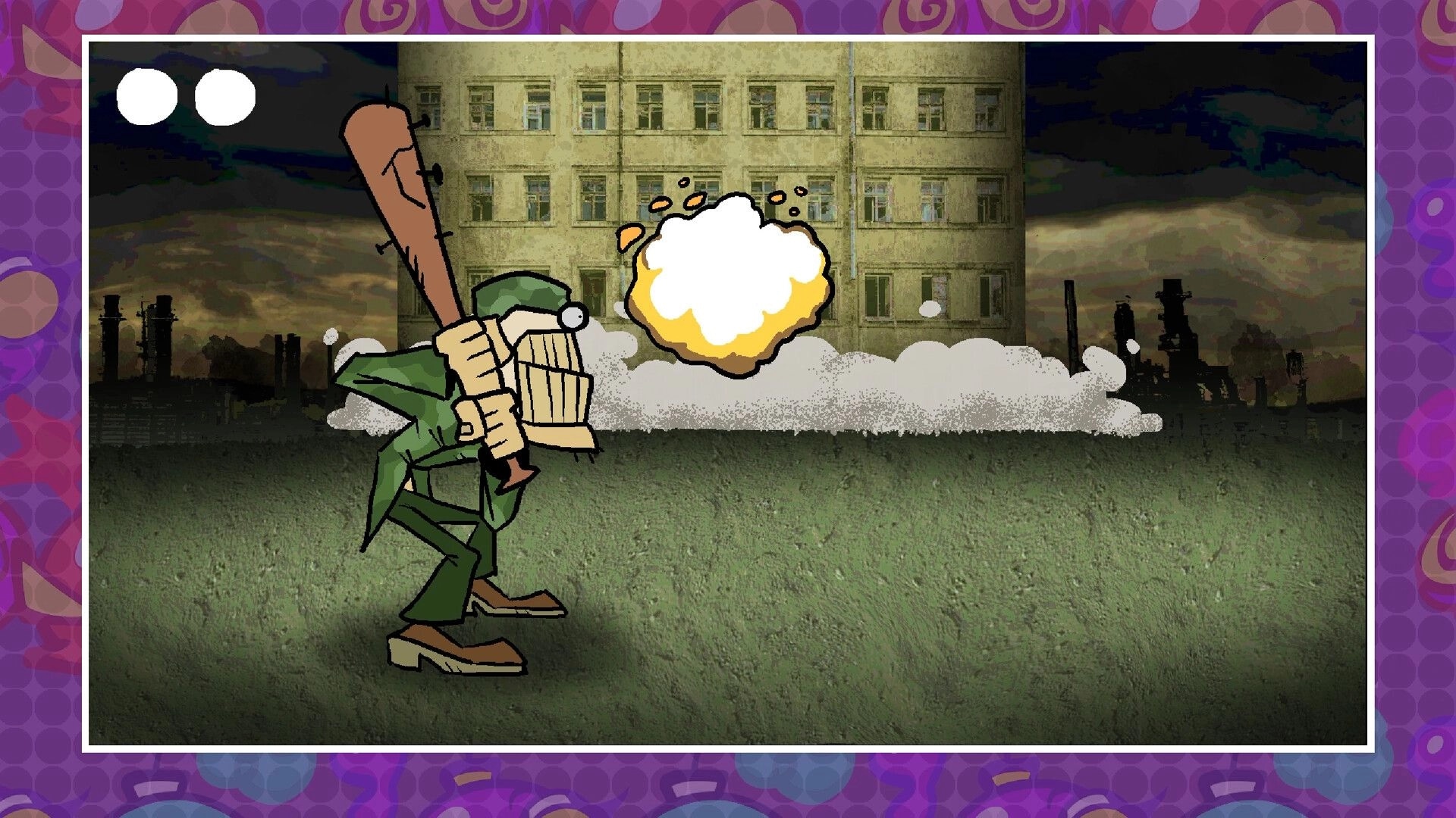 Buster Jam: Cartoon soldier swings bat at explosion in front of industrial building with smoke clouds