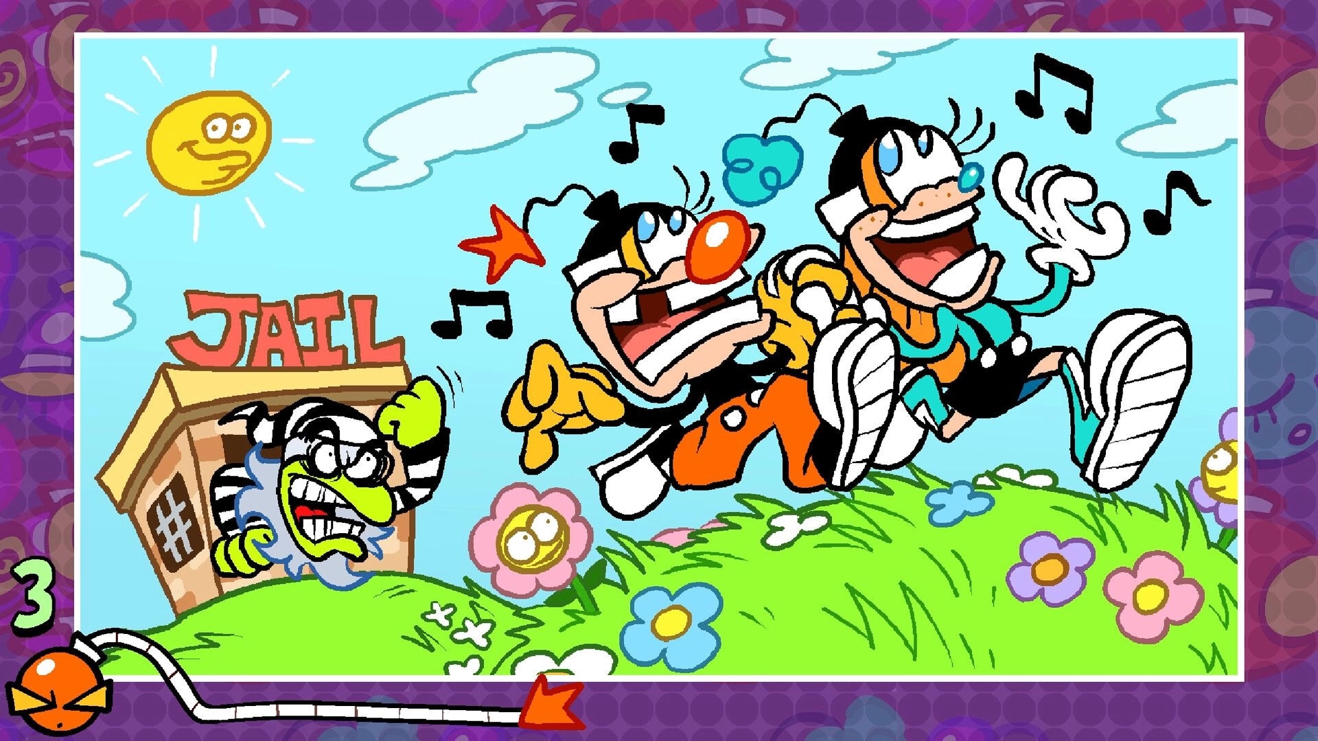 Buster Jam: Two cartoon characters escape jail, running through a colorful field with musical notes.