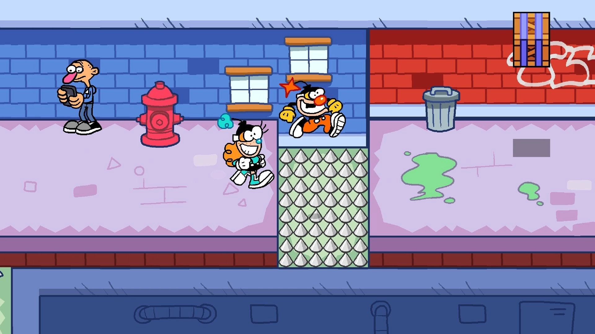Buster Jam: Cartoon characters jumping over a rooftop gap in a colorful cityscape environment