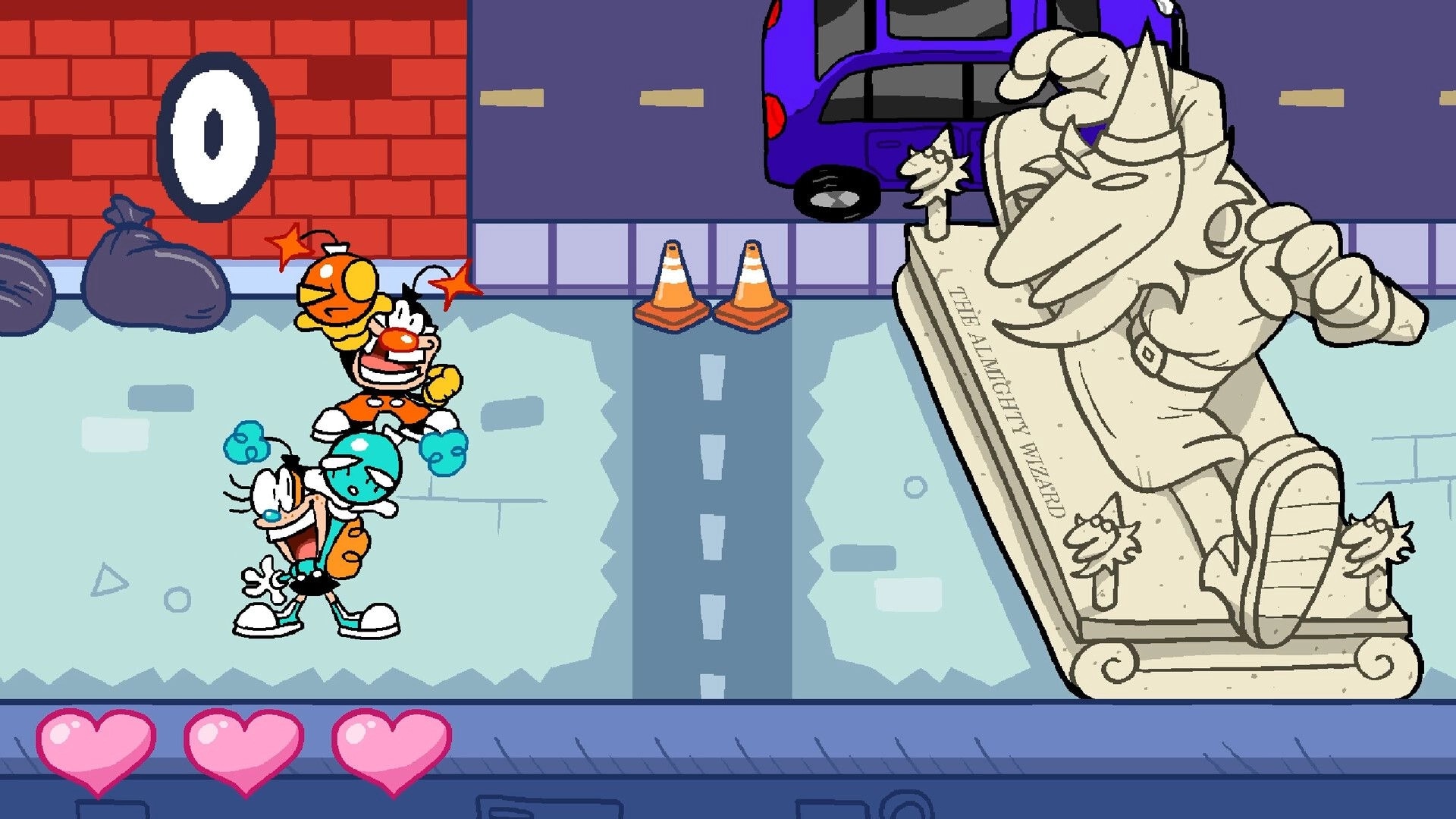 Buster Jam: Cartoon characters stacking up in a vibrant street with a wizard statue in the background.