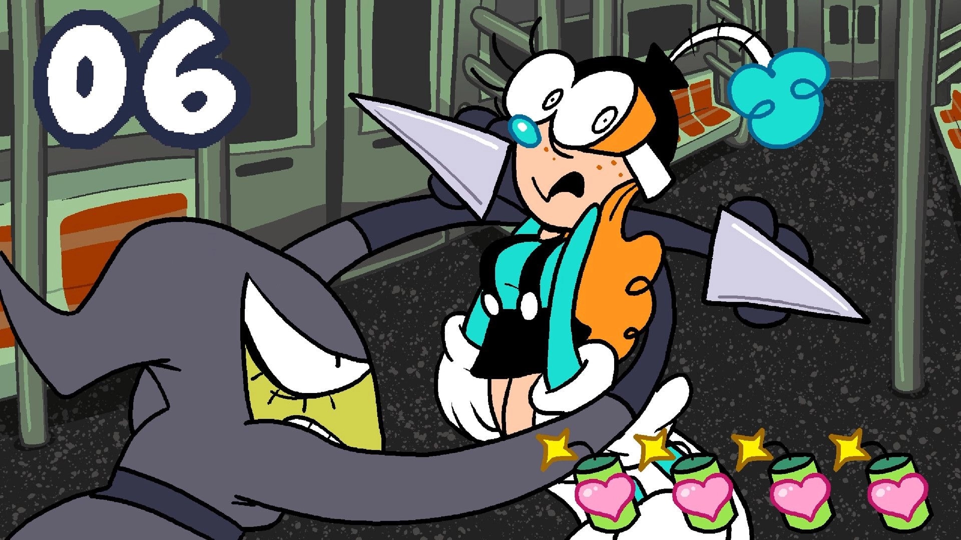 Buster Jam: Cartoon character battles enemy in subway with health and score indicators visible.