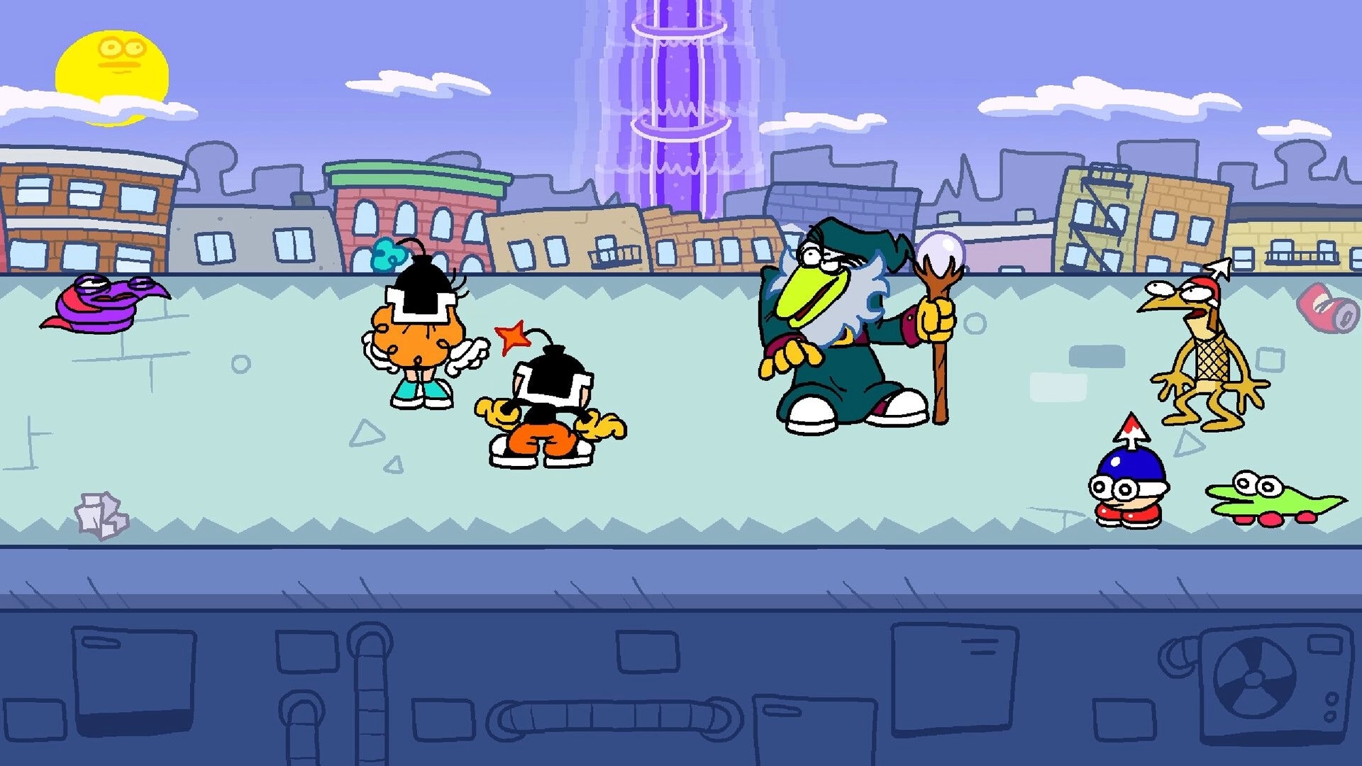Buster Jam: Cartoon characters prepare for battle in a colorful cityscape with quirky enemies.