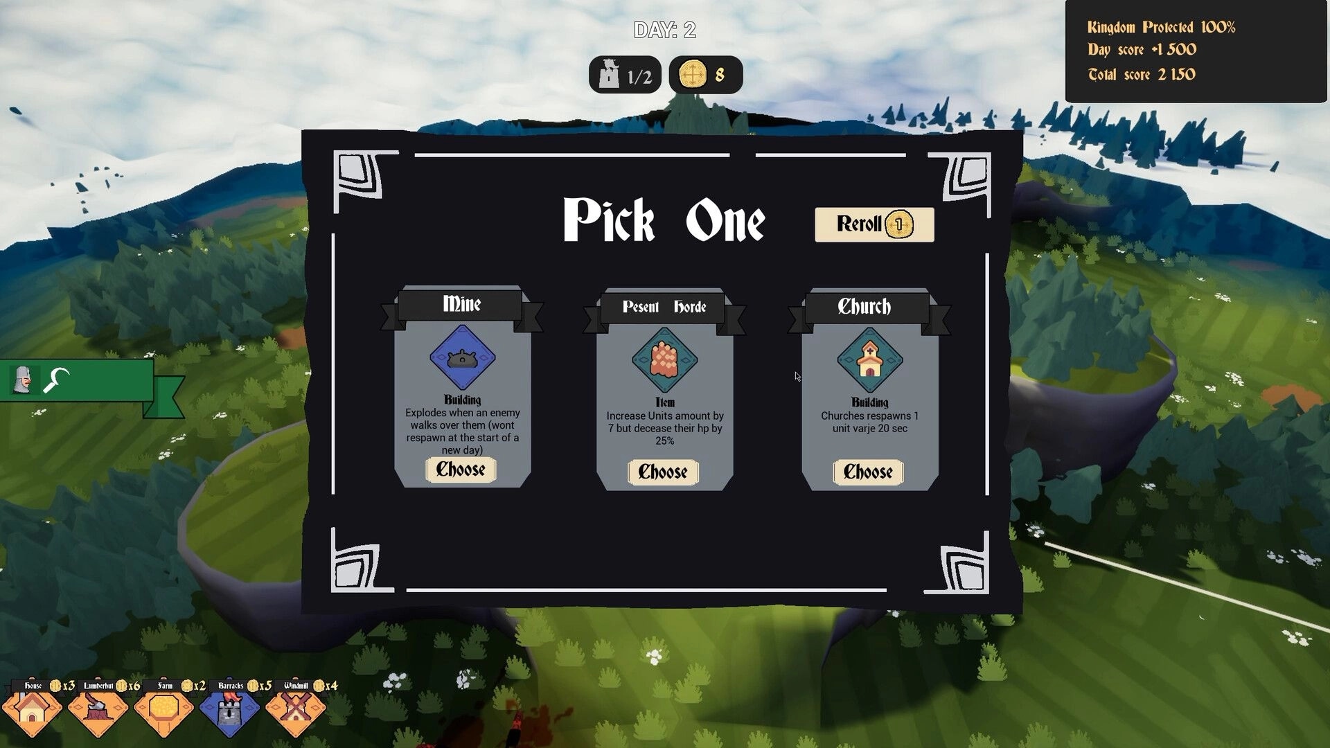 By the King’s Command: Pick One reward menu with Mine, Peasant Horde, Church options over forest map.