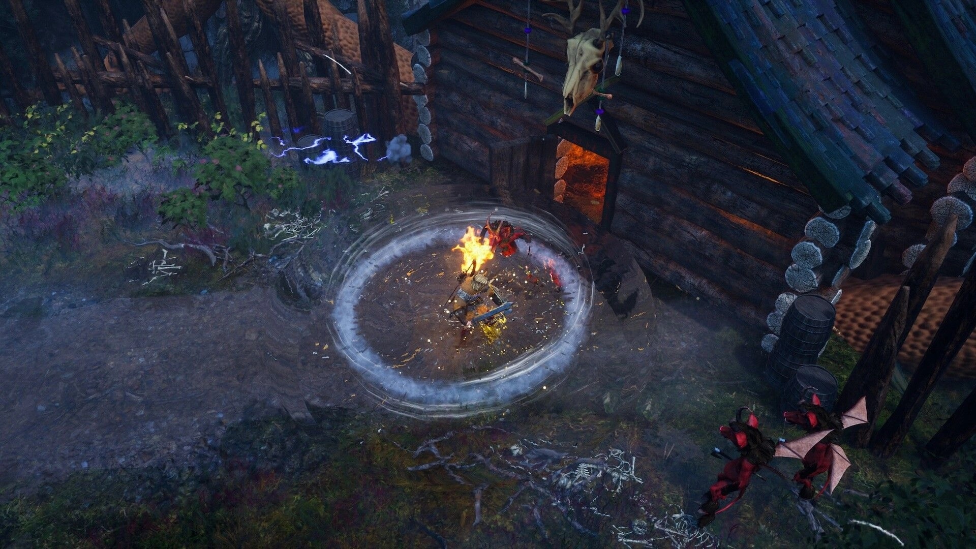 Bylina: Hero spins a flaming weapon in combat near a log cabin yard with demons and bones scattered.