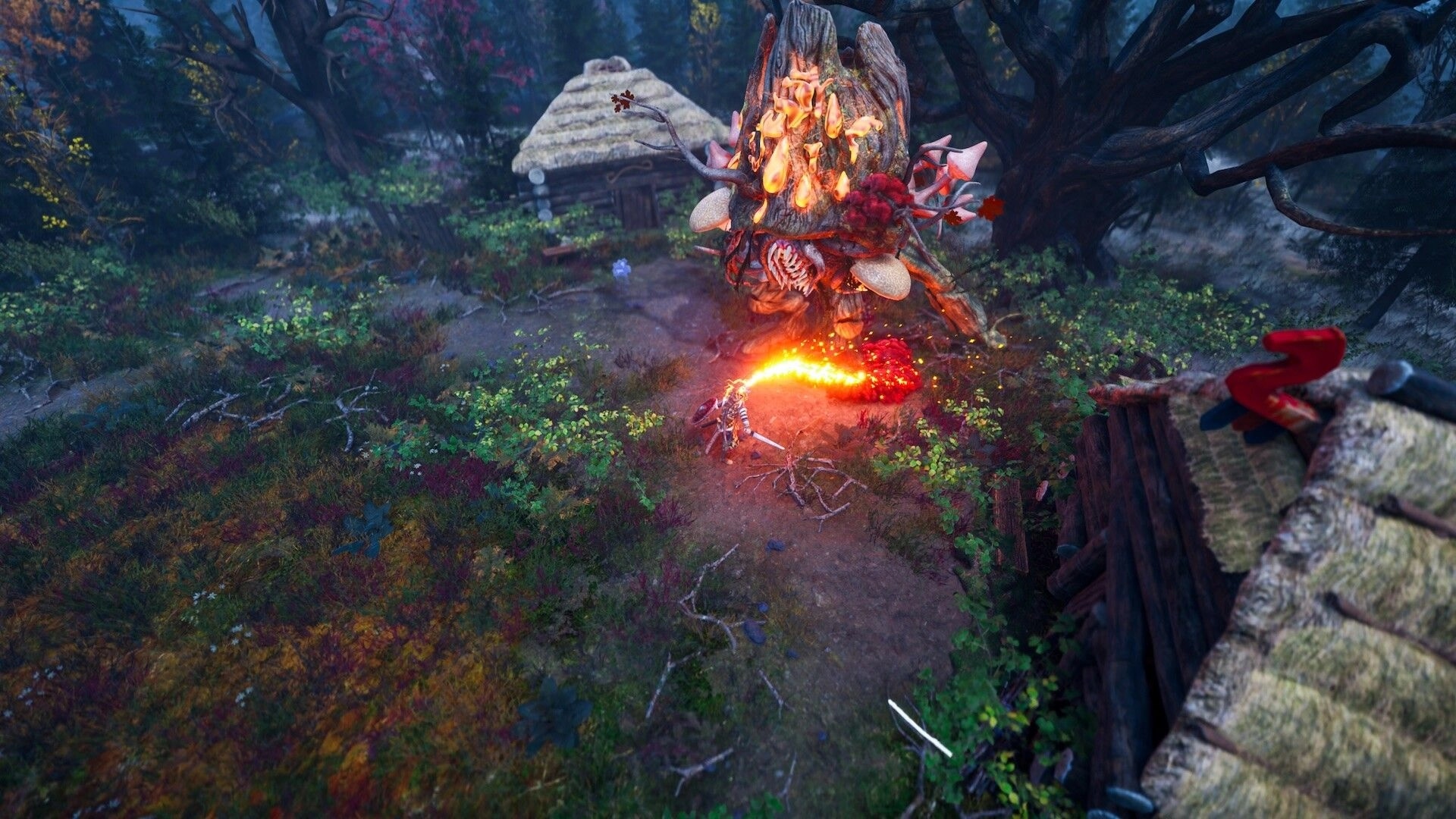 Bylina: Hero swings flaming blade at a towering tree monster in a misty forest clearing near huts.