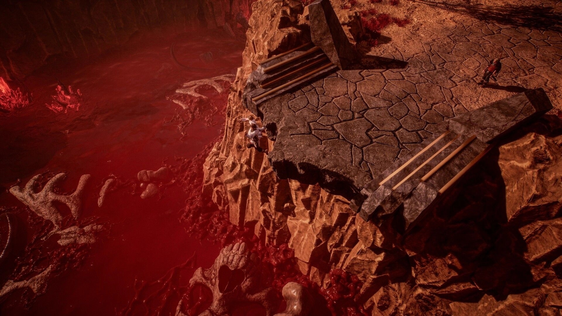 Bylina: Hero climbs a cliff edge toward a stone platform above a red river canyon.
