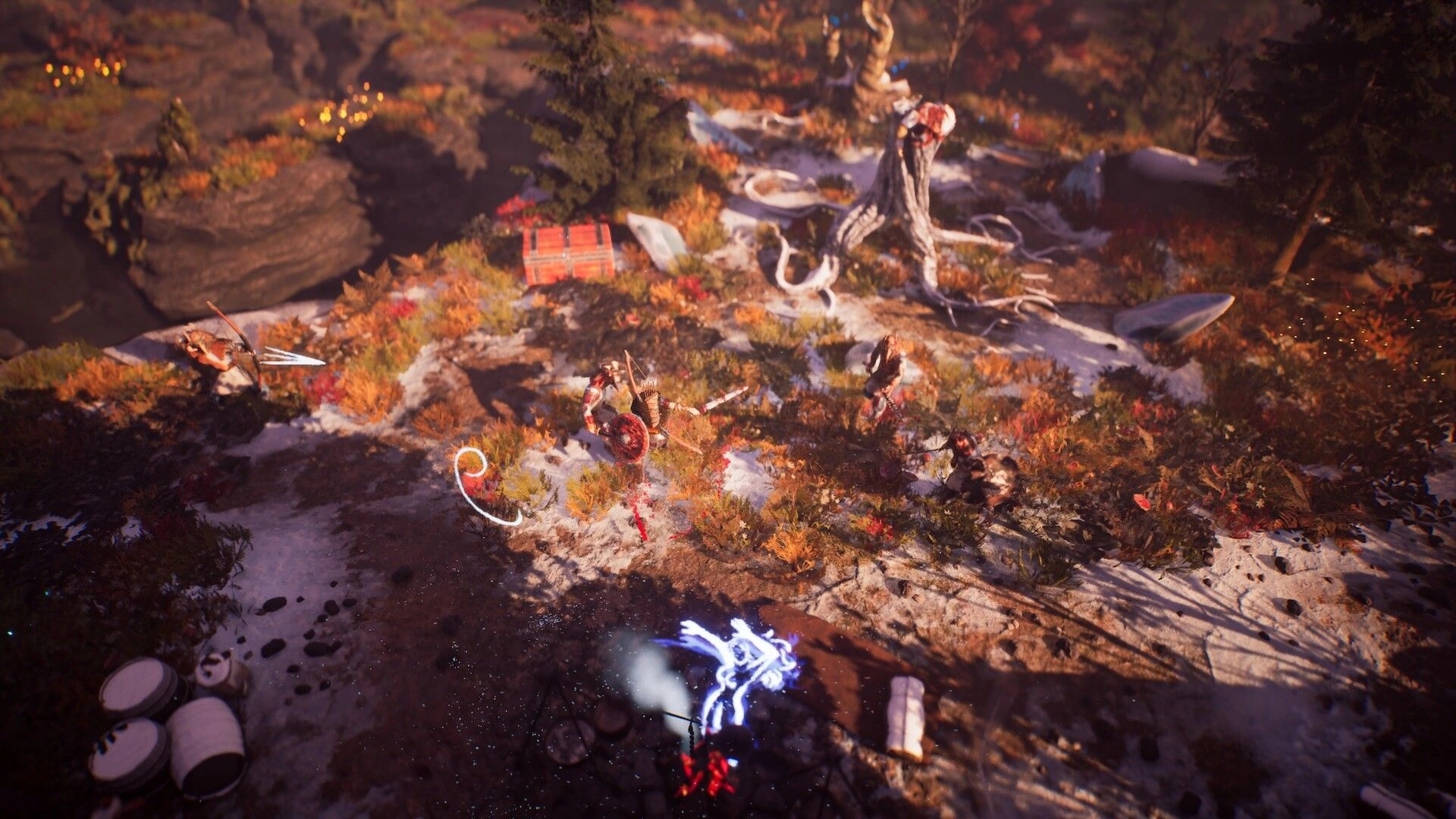 Bylina: Top-down melee fight with shielded warrior vs bandits on a rocky autumn clearing by trees.