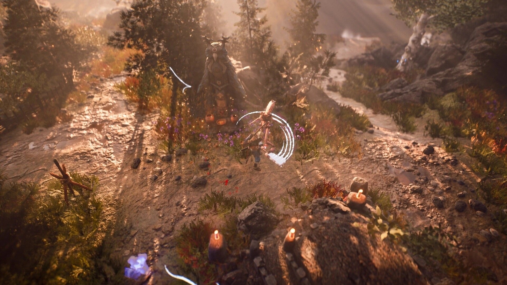 Bylina: Hero swings a glowing axe at a horned stone idol on a forest path with candles and rocks.