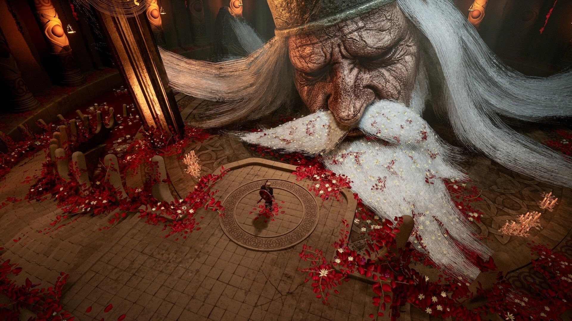 Bylina: Lone warrior in circular arena before a giant bearded face amid red leaves and candles.