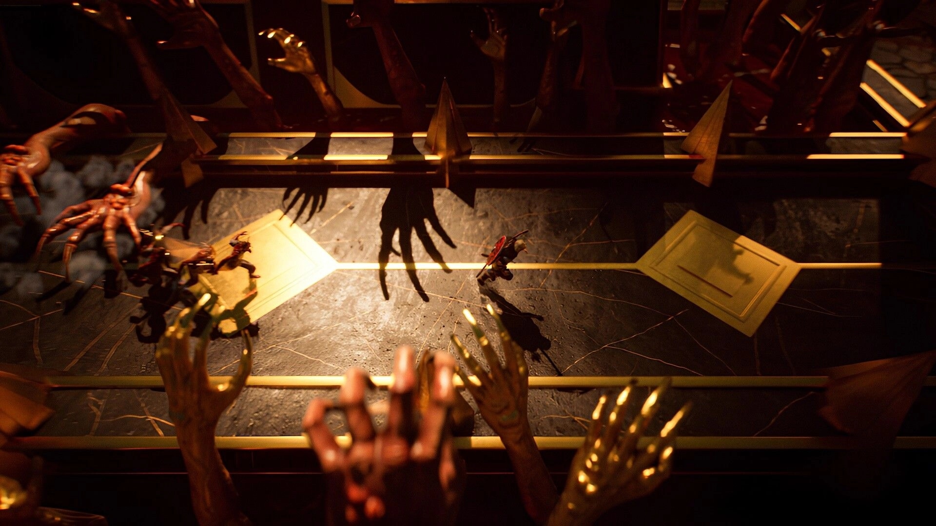 Bylina: Overhead view of hero running past grasping hands in a dim gold-lit corridor arena.