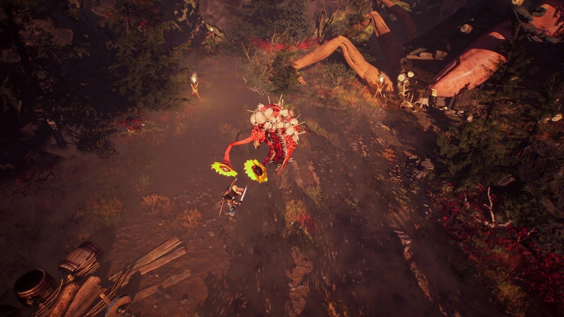 Bylina: Hero battles a skull-covered monster on a forest path beside a hut and torches.