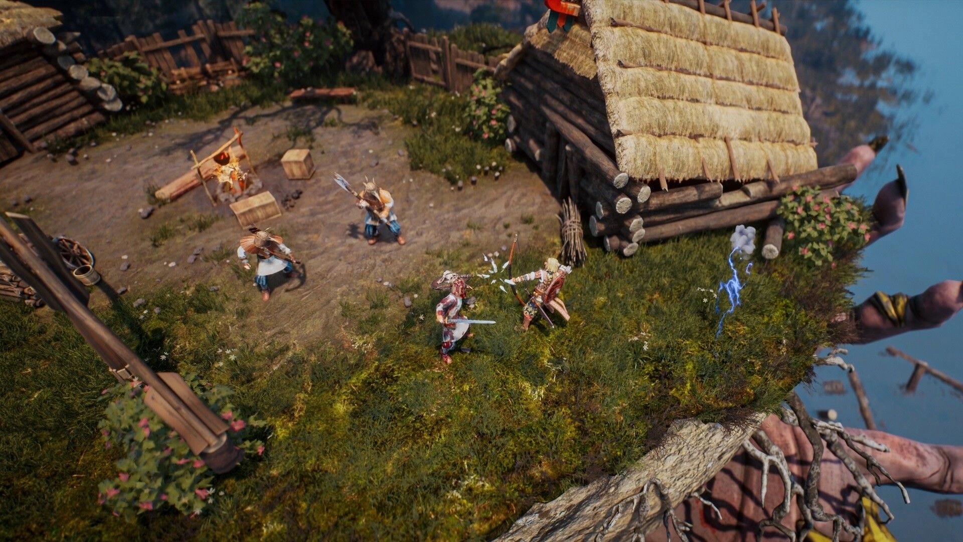 Bylina: Isometric fight with sword bandits near a log hut and campfire on a grassy cliffside.