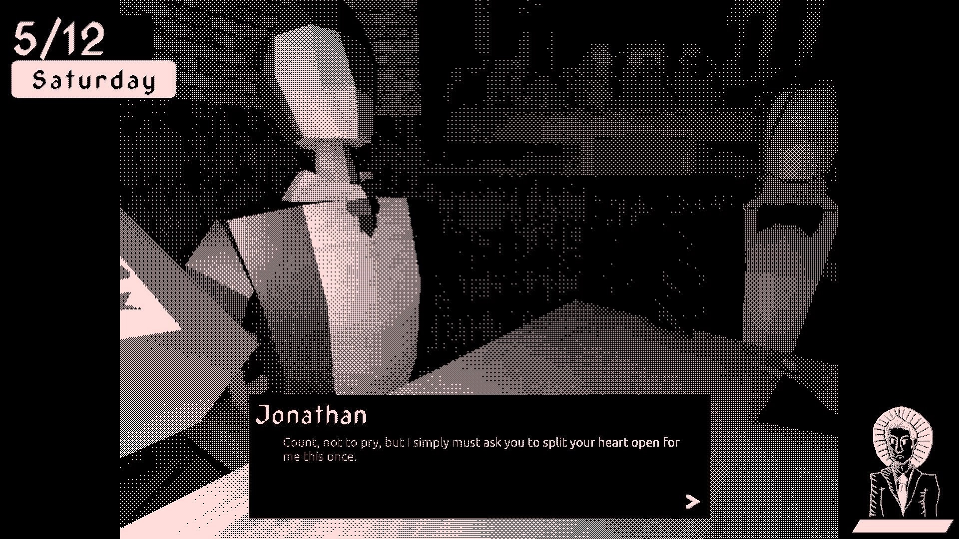 BYTE: Jonathan converses with a Count in a dimly lit room, dialogue box and character portrait displayed.