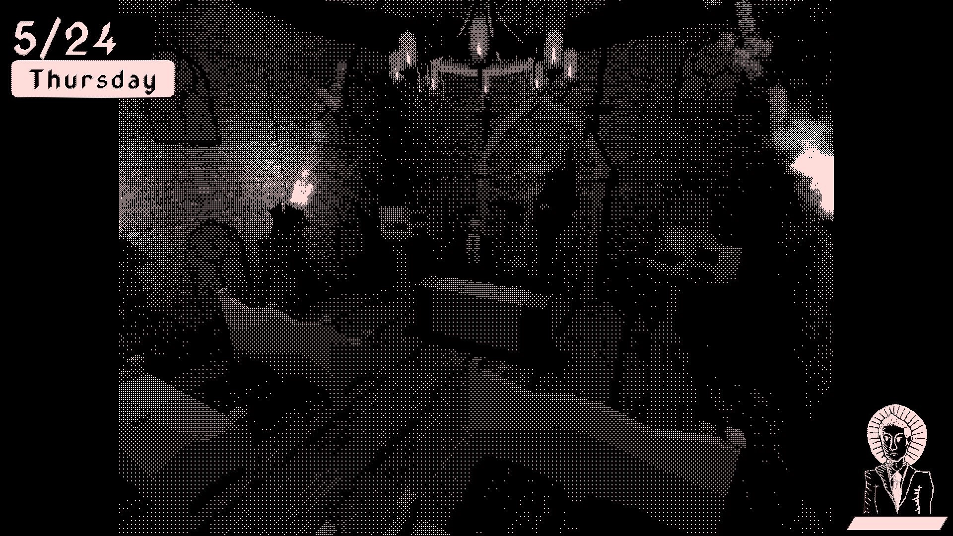 BYTE: Dimly lit castle room with chandelier, torches, and a date display showing 5/24 Thursday.
