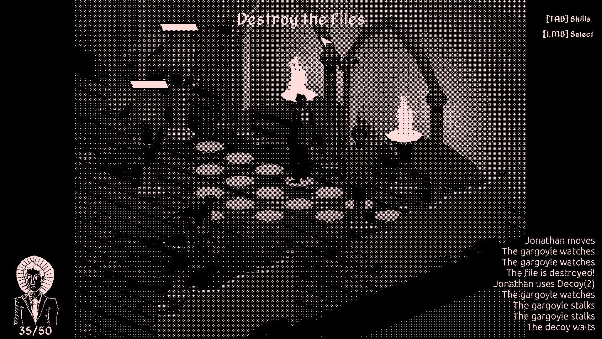 BYTE: Jonathan Harker navigates a dimly lit castle room with stone floors, fighting gargoyles and destroying files.