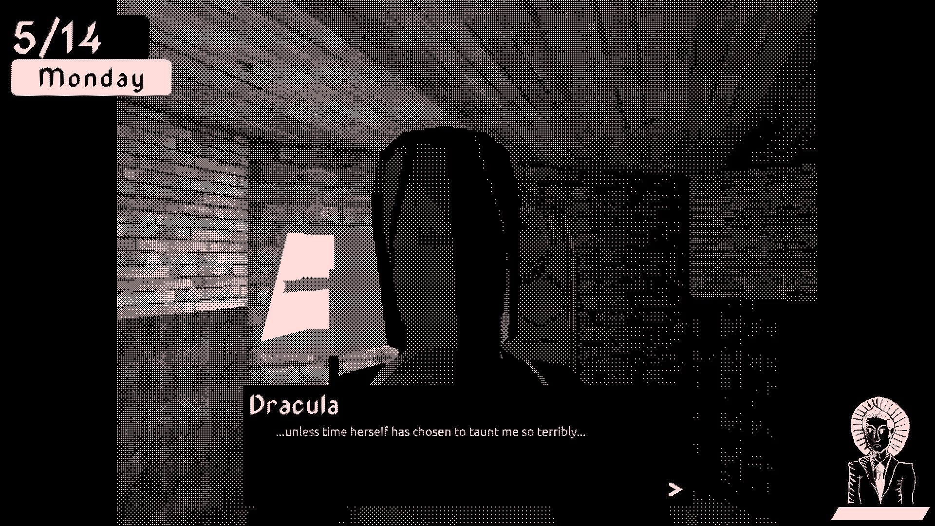 BYTE: Dracula speaks with Harker in a dimly lit castle room, dialogue box and date display visible