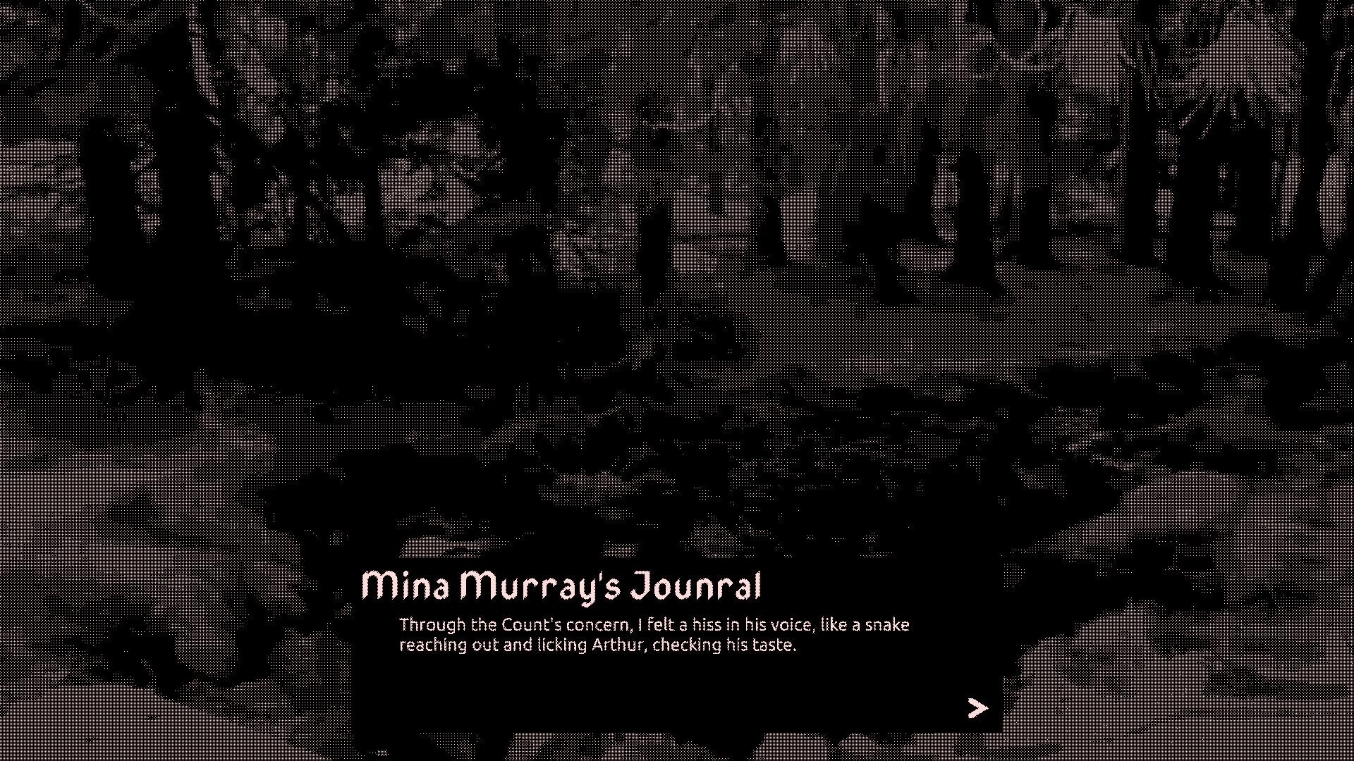 BYTE: Mina Murray's journal entry displayed over a dark, forested background with gothic atmosphere.