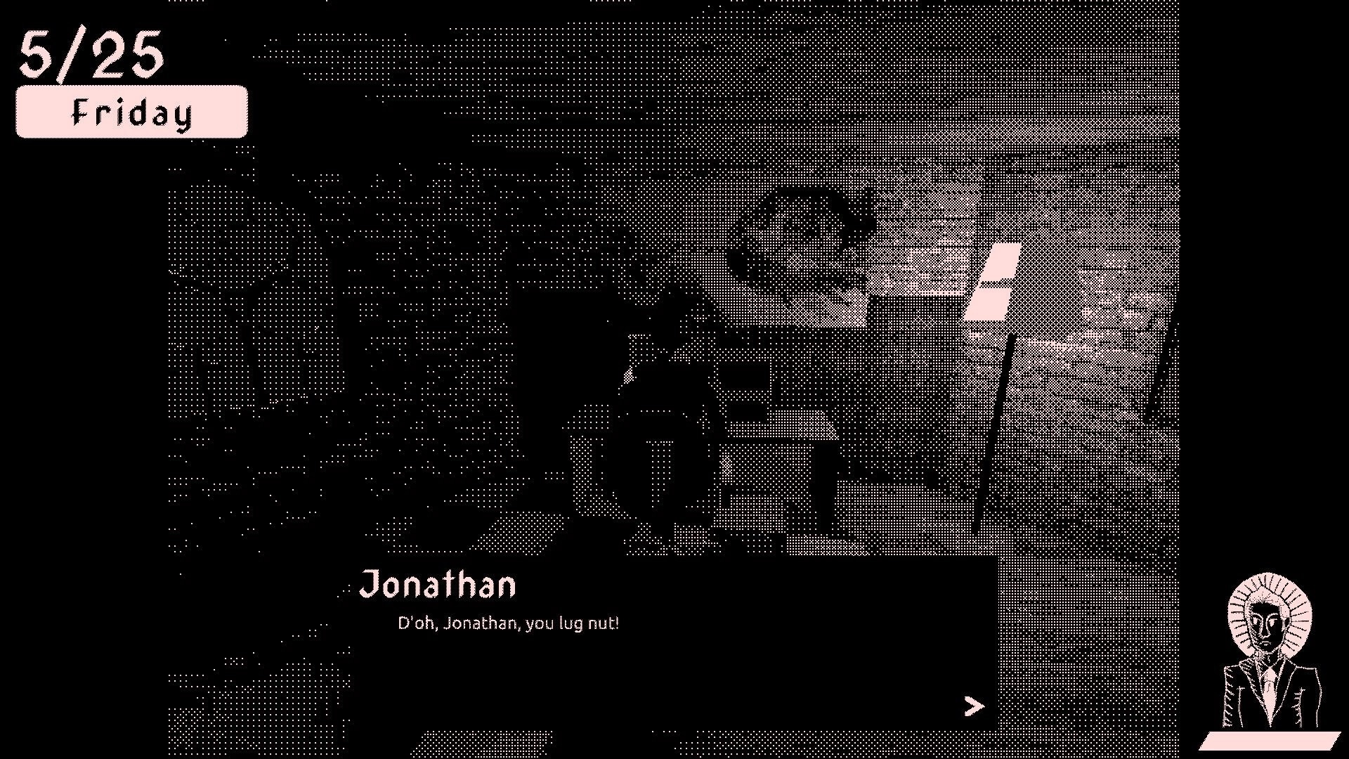 BYTE: Jonathan in dimly lit room with desk and lamp, dialogue box says "D'oh, Jonathan, you lug nut!"