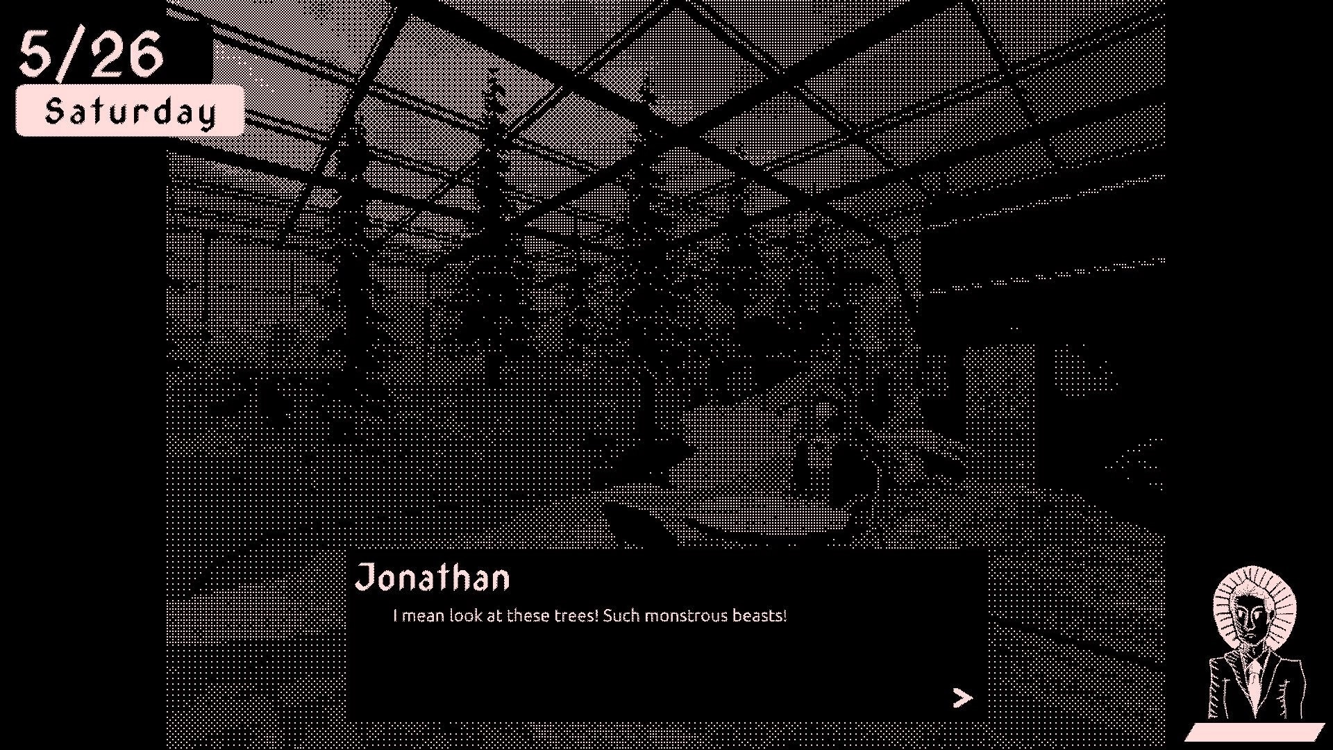 BYTE: Jonathan comments on trees in a greenhouse environment with date UI and character portrait visible.