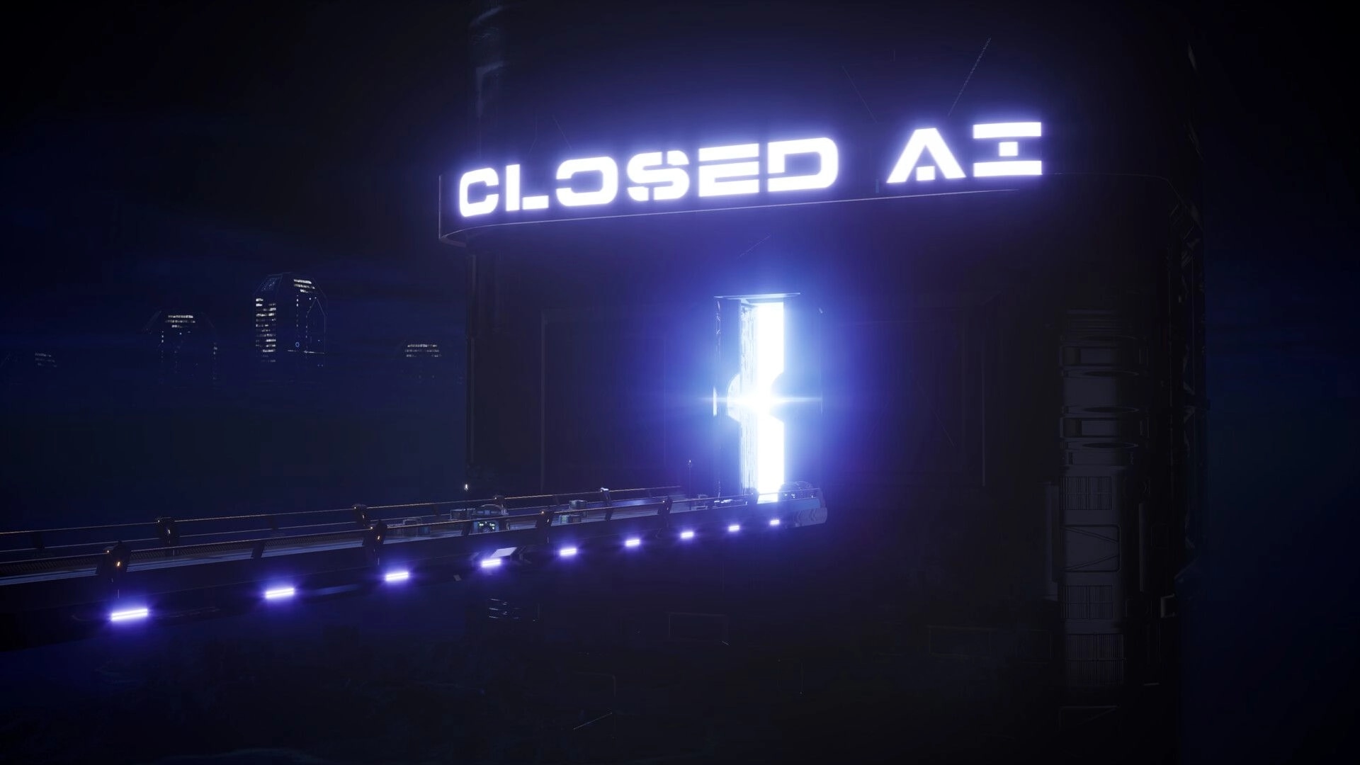 Byte Breach: Neon CLOSED AI sign above a lit catwalk leading to a glowing doorway in darkness.