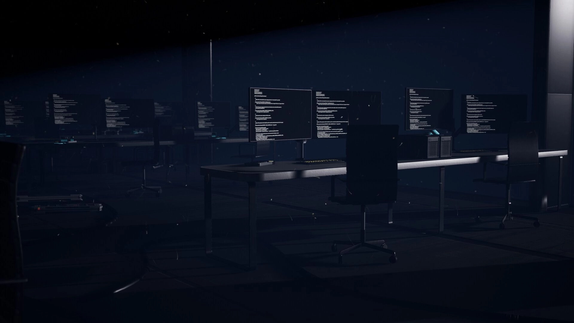 Byte Breach: Rows of monitors displaying code on desks in a dim, empty corporate server room.