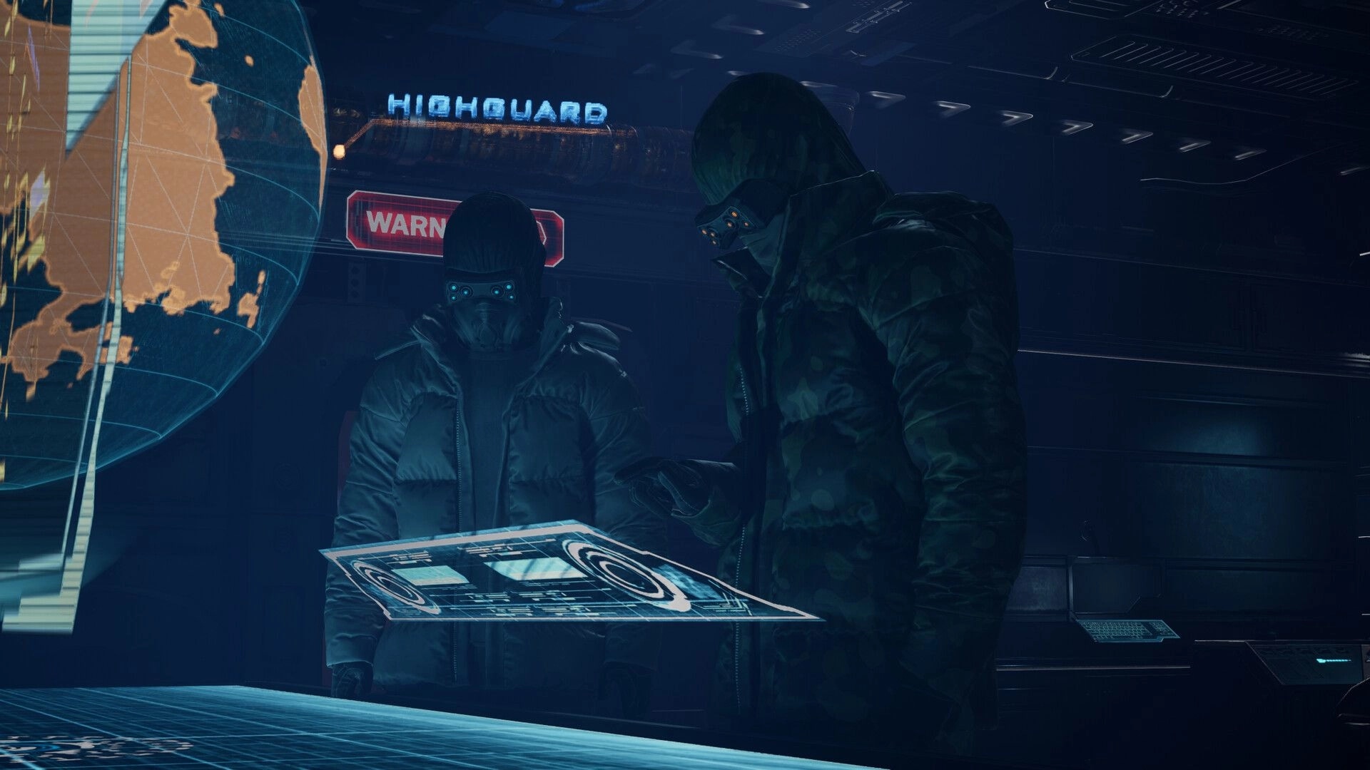 Byte Breach: Two masked operatives examine a holographic console in a dark Highguard control room.