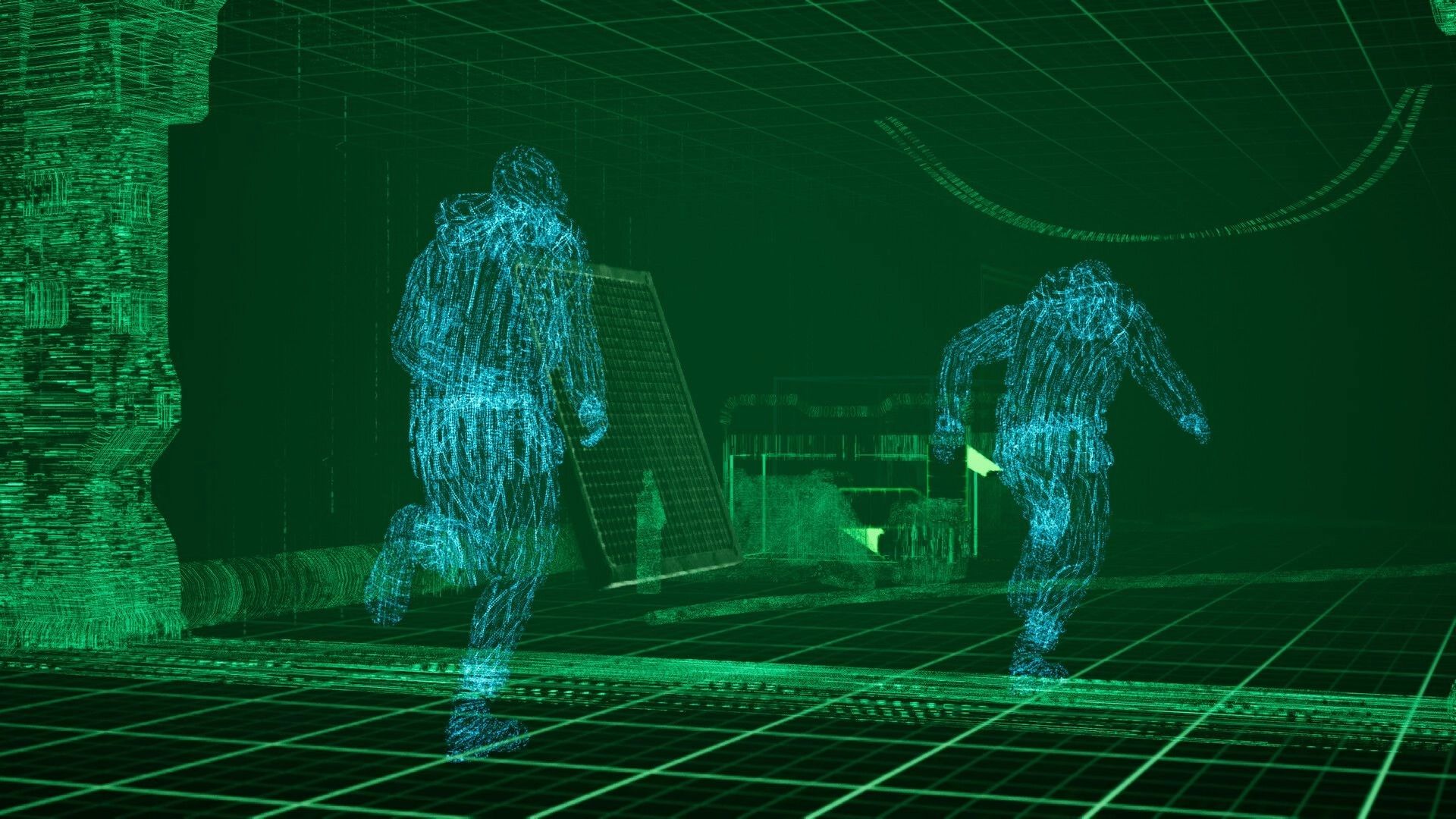 Byte Breach: Two blue wireframe operatives sneaking through a green holographic grid facility interior.