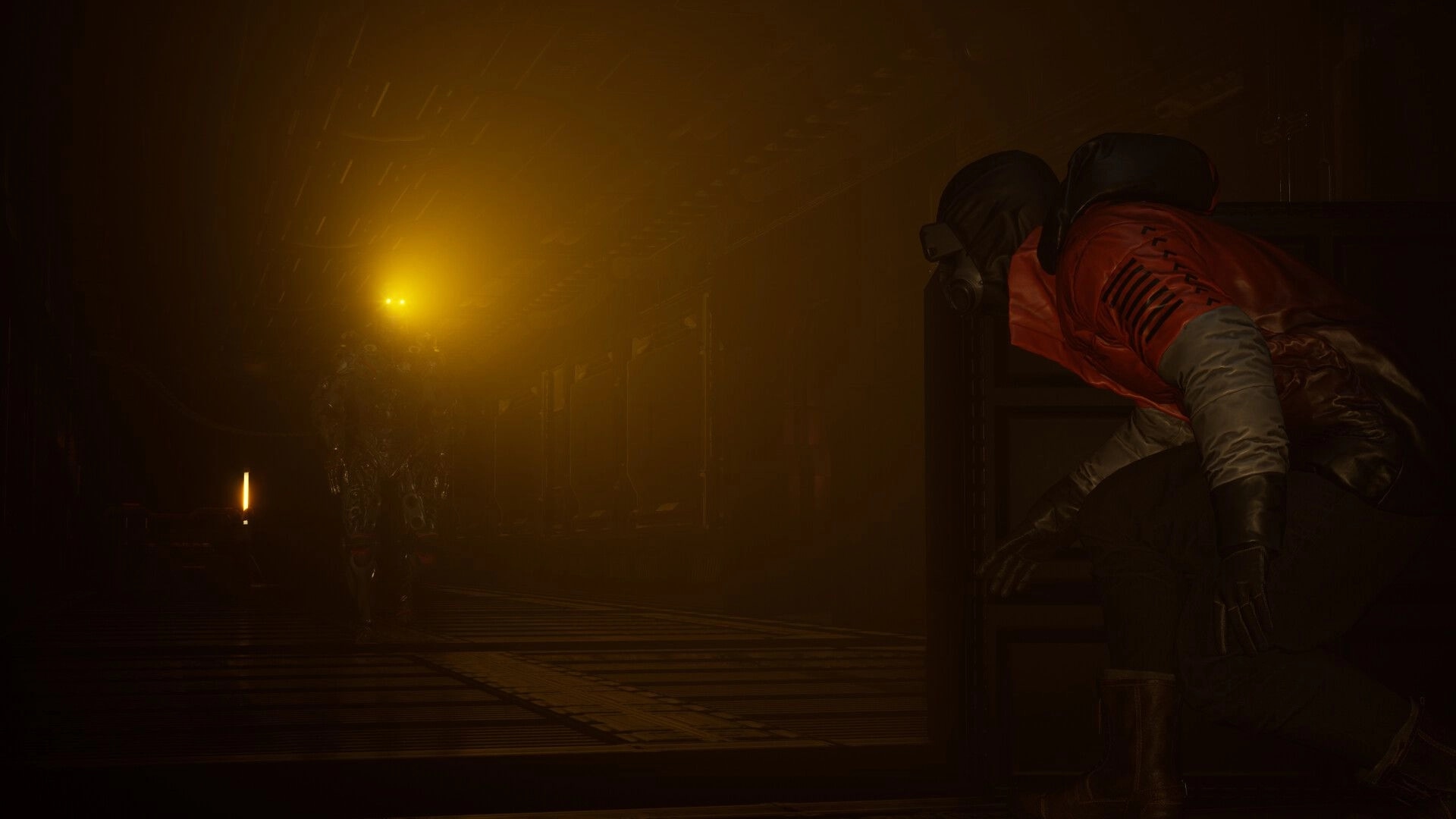 Byte Breach: Player crouches behind cover as a yellow-eyed robot patrols a smoky industrial corridor.