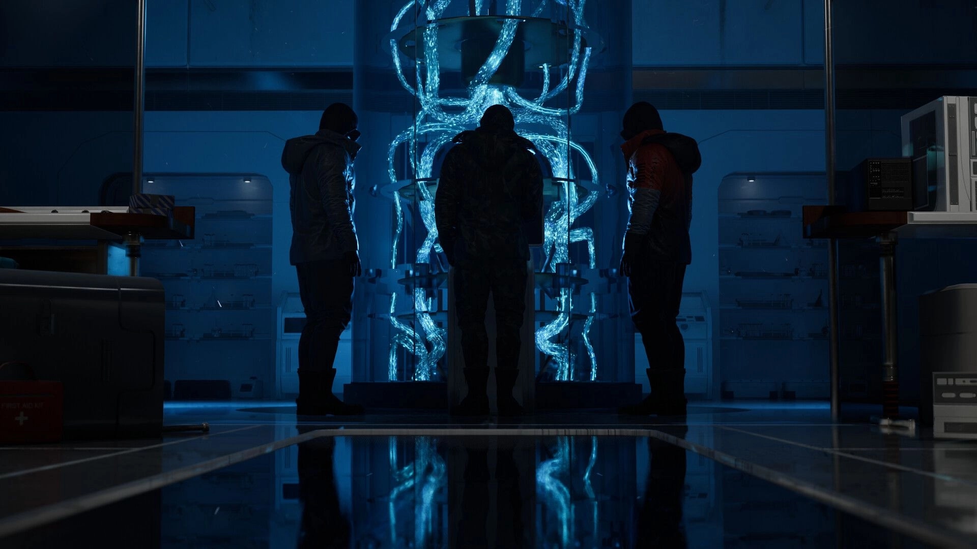 Byte Breach: Three hooded operatives face a glowing data core in a blue-lit lab with consoles.