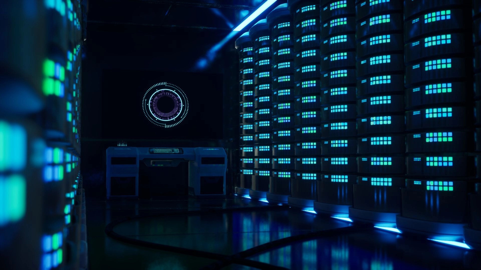 Byte Breach: Glowing circular hack reticle over server console in neon-lit data center aisle.